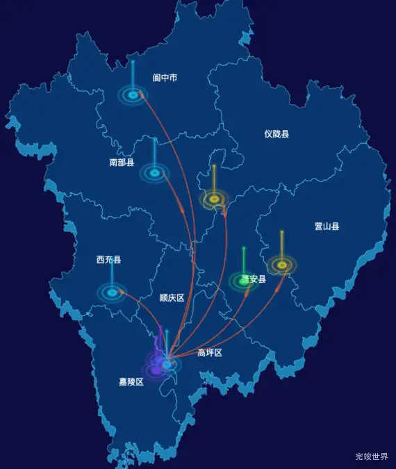 echarts南充市地图geoJson数据-飞线图