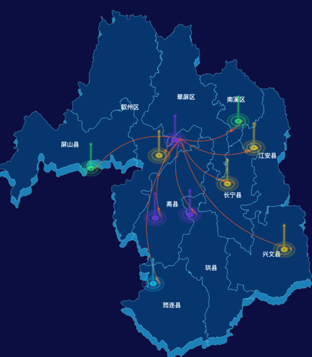 echarts宜宾市地图geoJson数据-飞线图