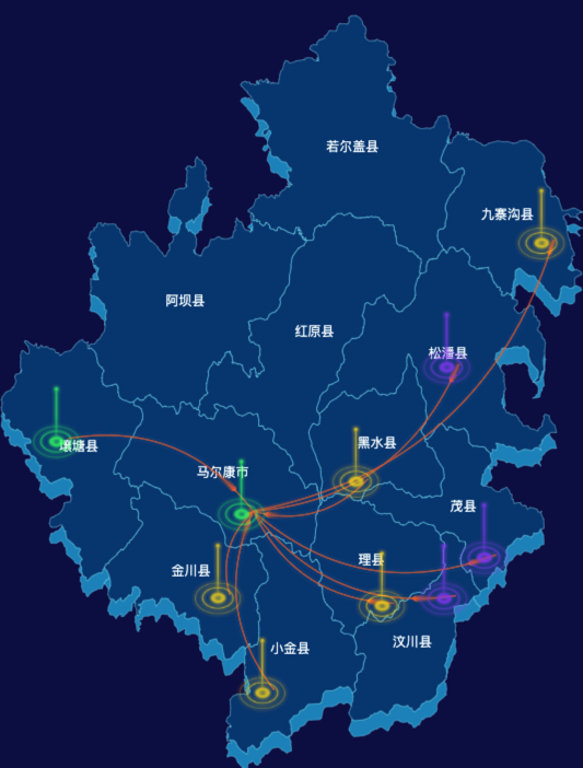 echarts阿坝藏族羌族自治州地图渲染效果实例-飞线图