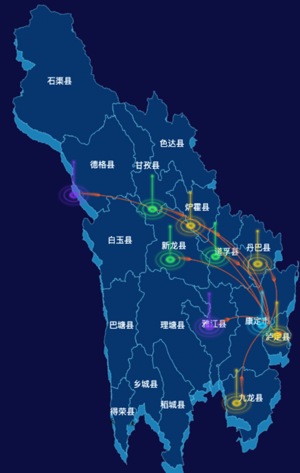 echarts甘孜藏族自治州地图渲染效果实例-飞线图