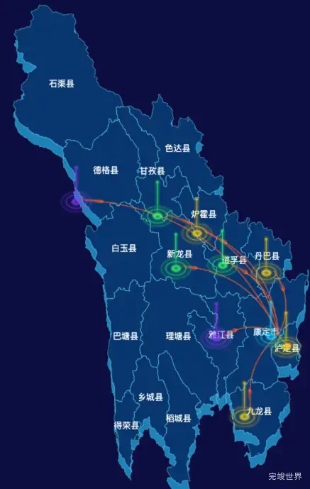 echarts甘孜藏族自治州地图渲染效果实例-飞线图