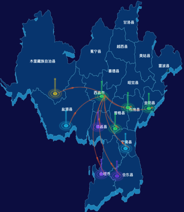 echarts凉山彝族自治州渲染效果实例-飞线图