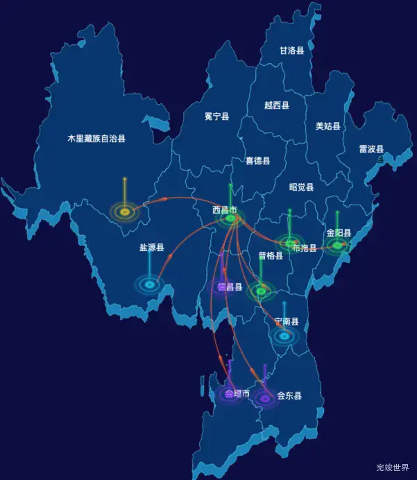 echarts凉山彝族自治州渲染效果实例-飞线图