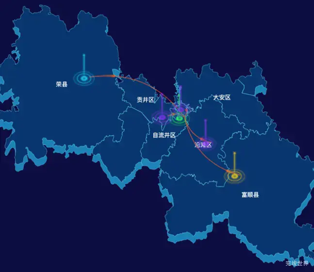 echarts自贡市渲染效果实例-飞线图