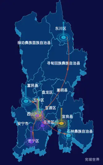 echarts昆明市地图渲染效果实例-飞线图