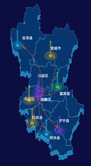 echarts曲靖市地图渲染效果实例-飞线图