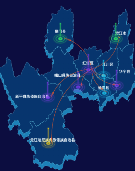 echarts玉溪市地图渲染效果实例-飞线图