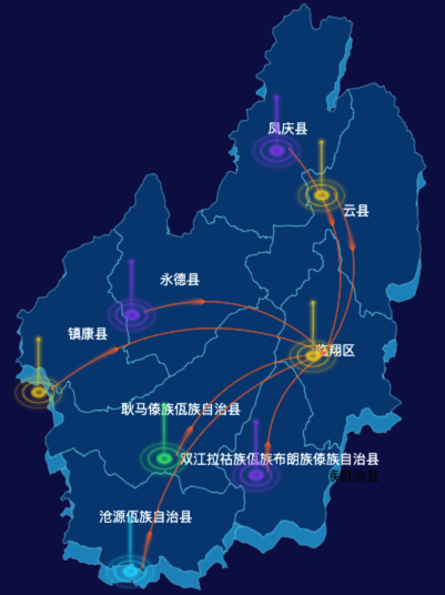 echarts临沧市地图渲染效果实例-飞线图