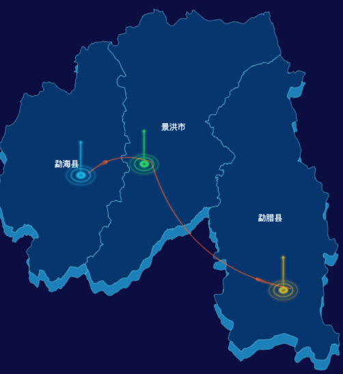 echarts西双版纳傣族自治州地图渲染效果实例-飞线图