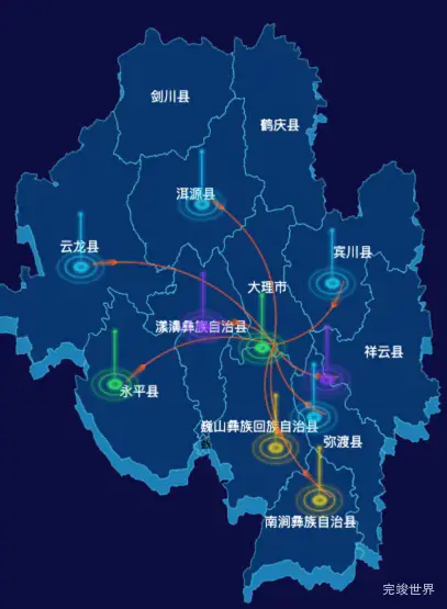 echarts大理白族自治州地图渲染效果实例-飞线图