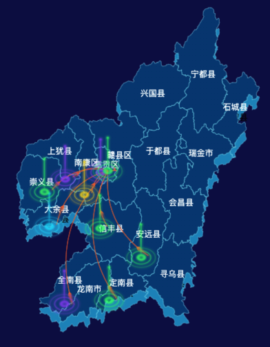 echarts赣州市地图渲染效果实例-飞线图