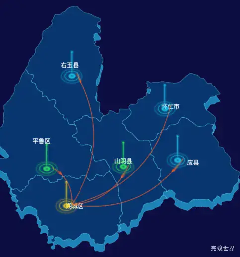 echarts朔州市地图渲染效果实例-飞线图