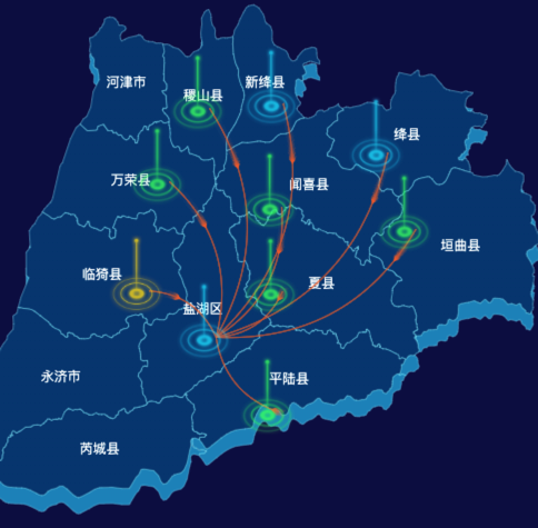 echarts运城市地图渲染效果实例-飞线图