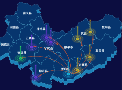 echarts忻州市地图渲染效果实例-飞线图
