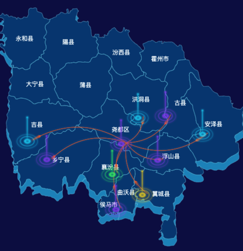 echarts临汾市地图渲染效果实例-飞线图