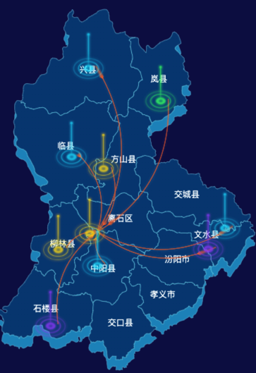echarts吕梁市地图渲染效果实例-飞线图