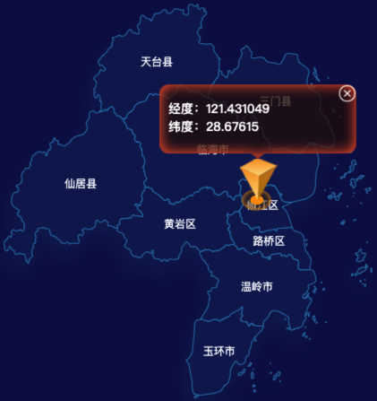 echarts台州市地图根据经纬度在对应位置显示弹窗