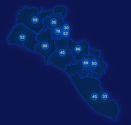 echarts天津市西青区地图圆形波纹状气泡图效果