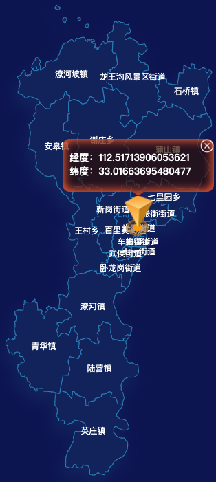 echarts南阳市卧龙区geoJson地图根据经纬度显示自定义html弹窗