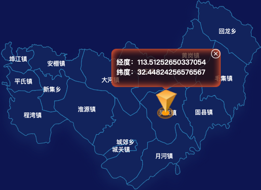 echarts南阳市桐柏县geoJson地图根据经纬度显示自定义html弹窗