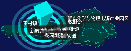 threejs新乡市牧野区geoJson地图3d地图CSS2D外加旋转棱锥