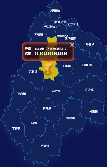 echarts周口市项城市geoJson地图点击弹出自定义弹窗