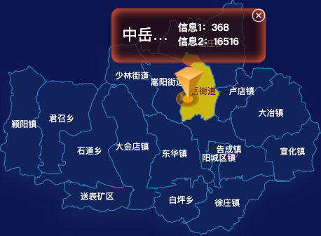 echarts郑州市登封市geoJson地图点击弹出自定义弹窗