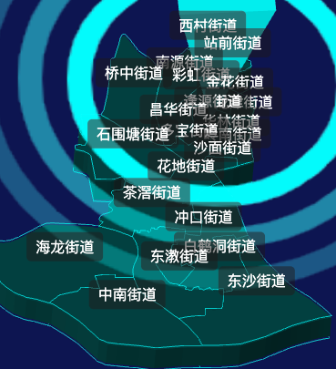 threejs广州市荔湾区geoJson地图3d地图CSS2D外加旋转棱锥