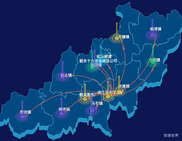 echarts韶关市曲江区geoJson地图迁徙图