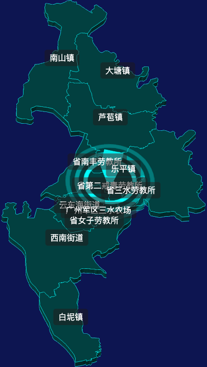 threejs佛山市三水区geoJson地图3d地图CSS2D外加旋转棱锥