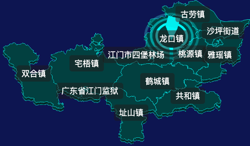 threejs江门市鹤山市geoJson地图3d地图CSS2D外加旋转棱锥
