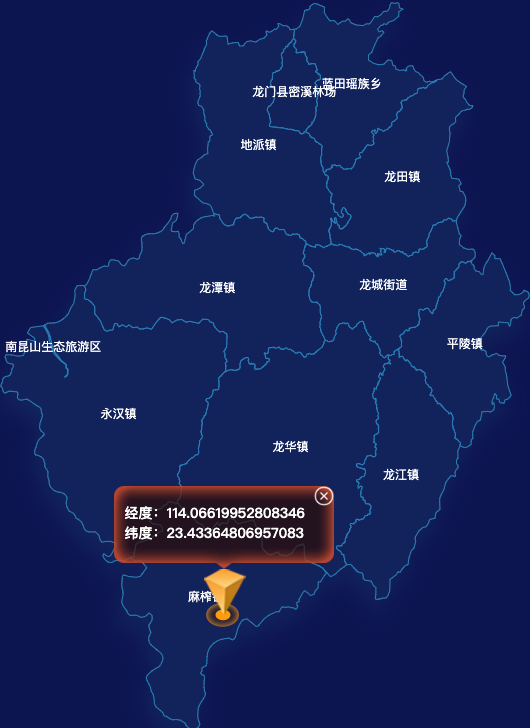 echarts惠州市龙门县geoJson地图根据经纬度显示自定义html弹窗