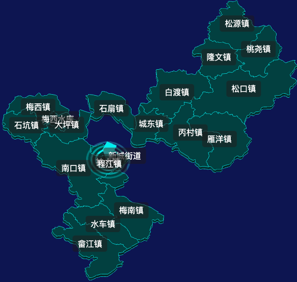 threejs梅州市梅县区geoJson地图3d地图CSS2D外加旋转棱锥