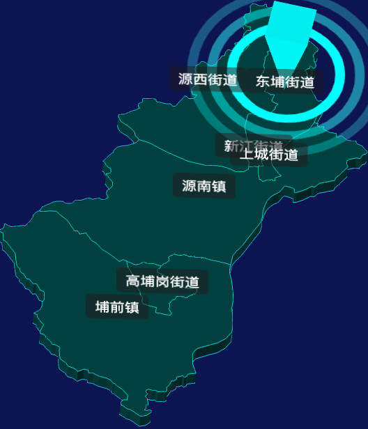 threejs河源市源城区geoJson地图3d地图CSS2D外加旋转棱锥