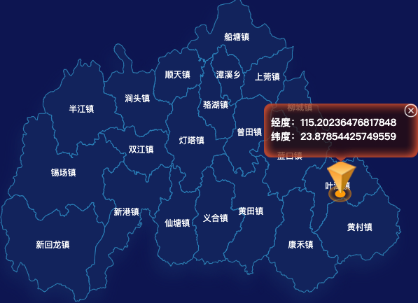 echarts河源市东源县geoJson地图根据经纬度显示自定义html弹窗
