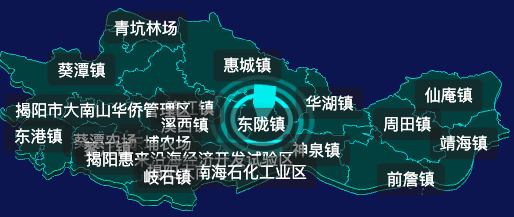 threejs揭阳市惠来县geoJson地图3d地图CSS2D外加旋转棱锥