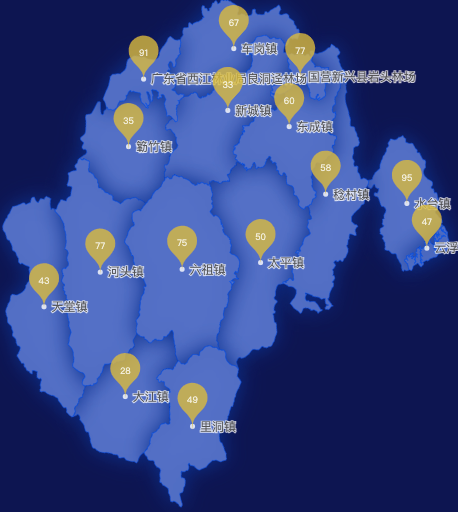 echarts云浮市新兴县geoJson地图水滴状气泡图