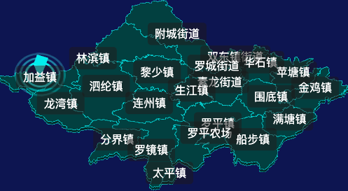 threejs云浮市罗定市geoJson地图3d地图CSS2D外加旋转棱锥