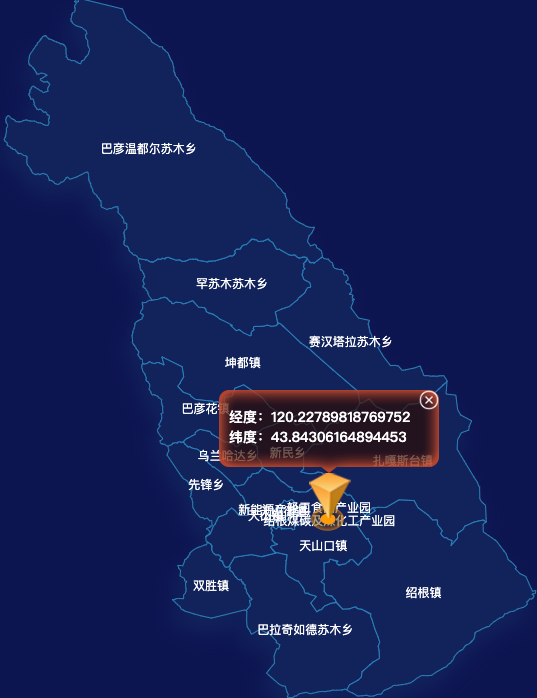 echarts赤峰市阿鲁科尔沁旗geoJson地图根据经纬度显示自定义html弹窗