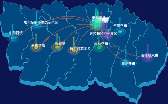 echarts鄂尔多斯市达拉特旗geoJson地图飞线图