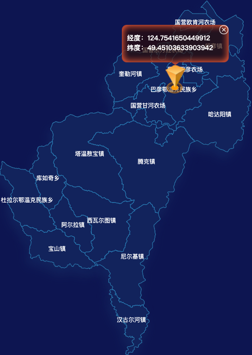 echarts呼伦贝尔市莫力达瓦达斡尔族自治旗geoJson地图根据经纬度显示自定义html弹窗