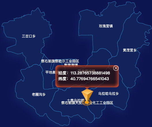echarts乌兰察布市察哈尔右翼前旗geoJson地图根据经纬度显示自定义html弹窗