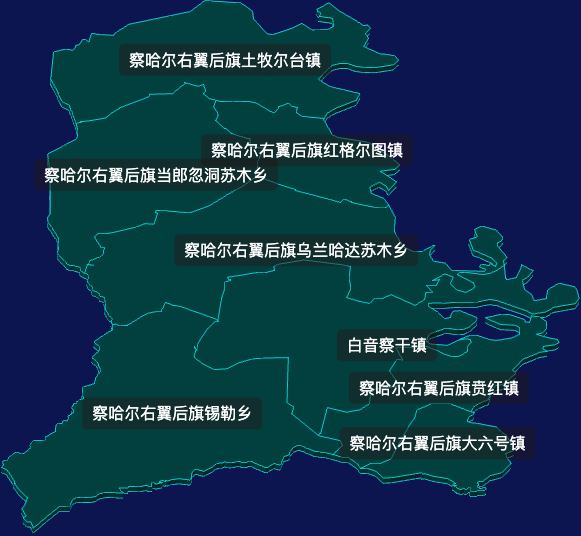 threejs乌兰察布市察哈尔右翼后旗geoJson地图3d地图css2d标签