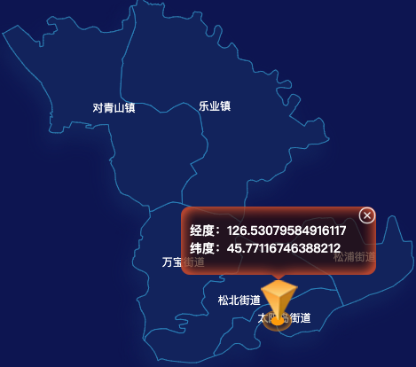 echarts哈尔滨市松北区geoJson地图根据经纬度显示自定义html弹窗