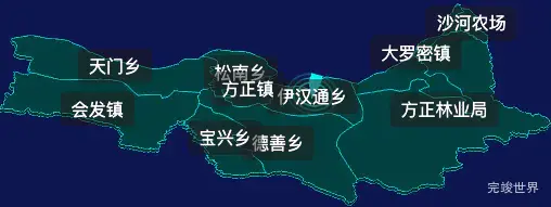 threejs哈尔滨市方正县geoJson地图3d地图CSS2D外加旋转棱锥