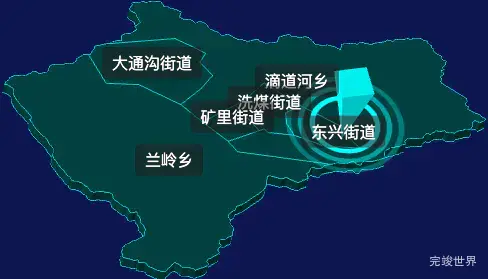 threejs鸡西市滴道区geoJson地图3d地图CSS2D外加旋转棱锥