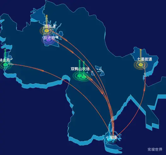 echarts双鸭山市宝山区geoJson地图迁徙图