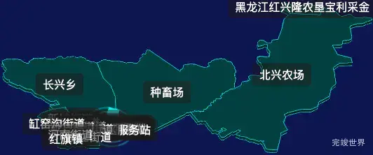 threejs七台河市新兴区geoJson地图3d地图CSS2D外加旋转棱锥