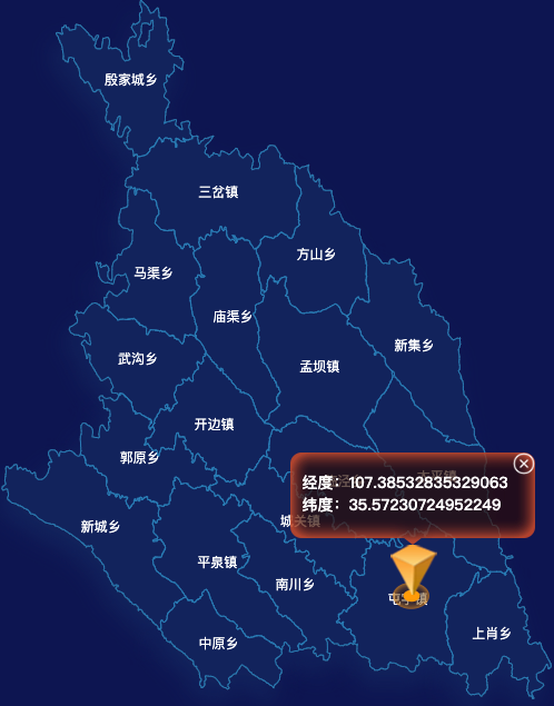 echarts庆阳市镇原县geoJson地图根据经纬度显示自定义html弹窗