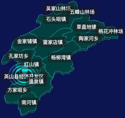 threejs黄冈市英山县geoJson地图3d地图CSS2D外加旋转棱锥